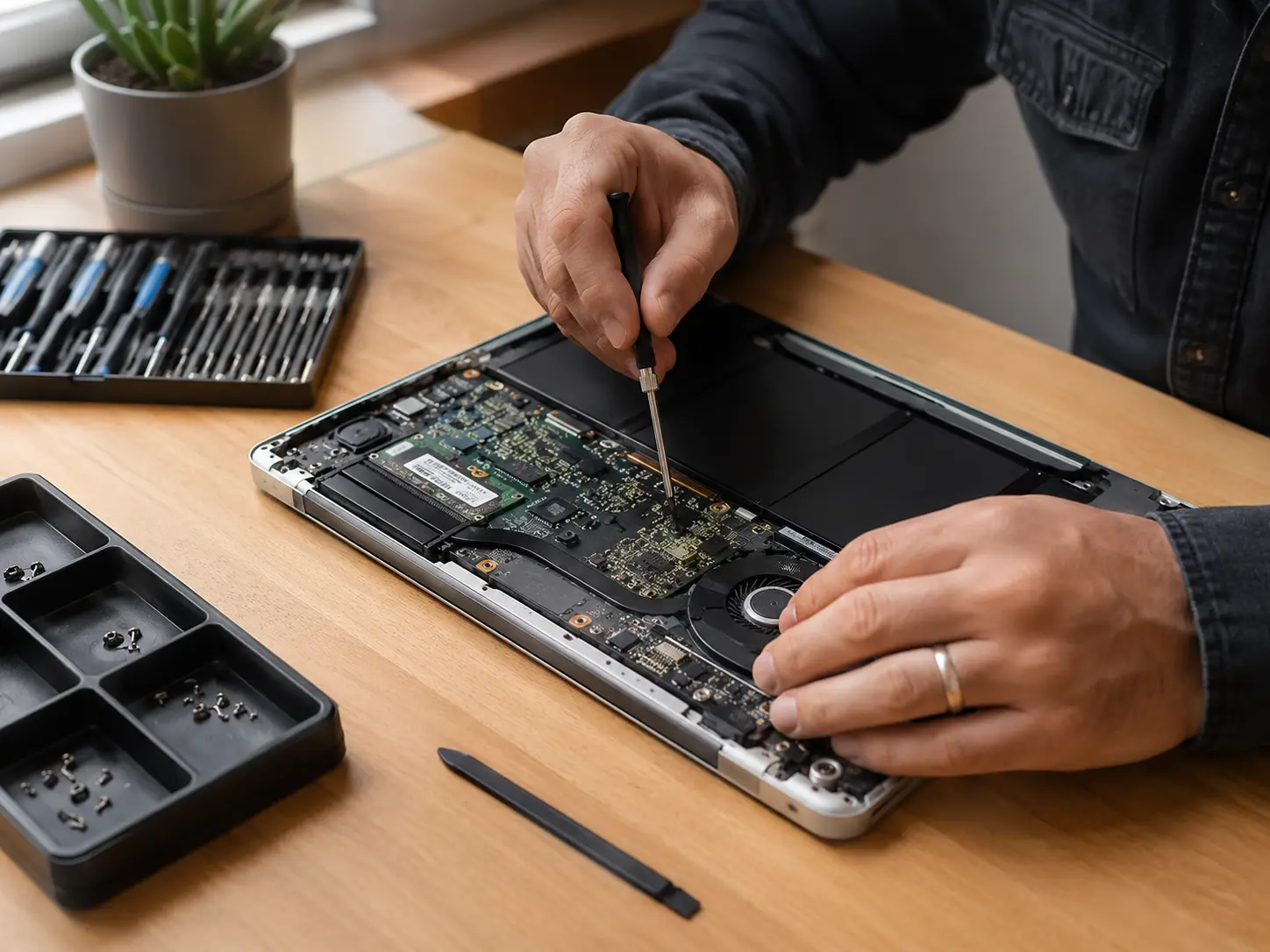 MacBook repair technician fixing logic board in Andheri
