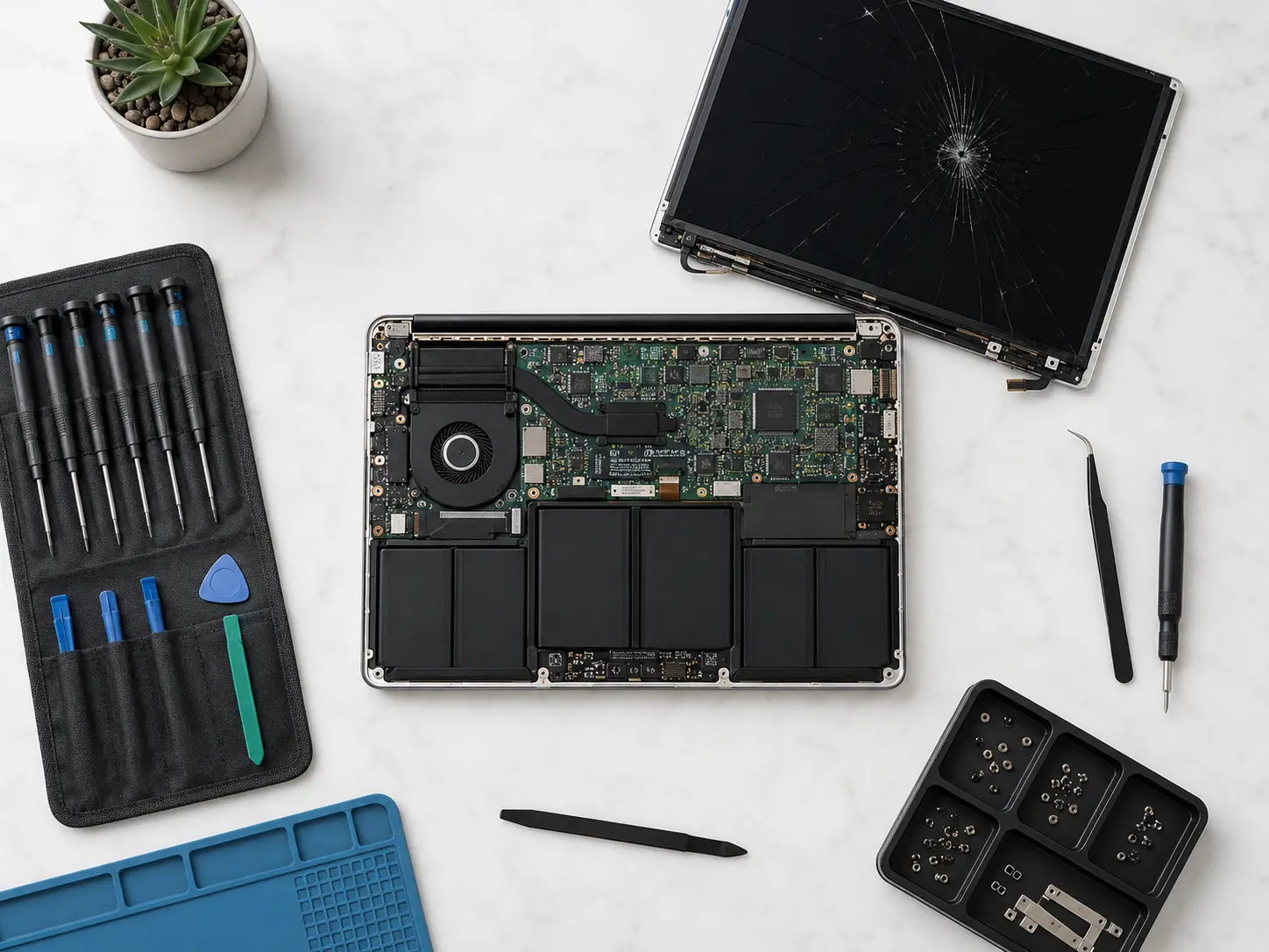 MacBook screen replacement service Andheri flat lay